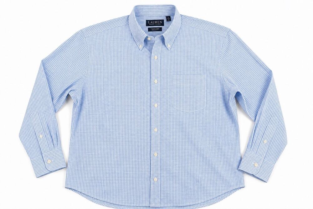 Lauren Ralph Lauren Men's Gingham Blue Dress Shirt XL 17.5 Stretch 34/35